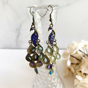 Peacock Dangle Earrings Brass Tone Blue Purple
